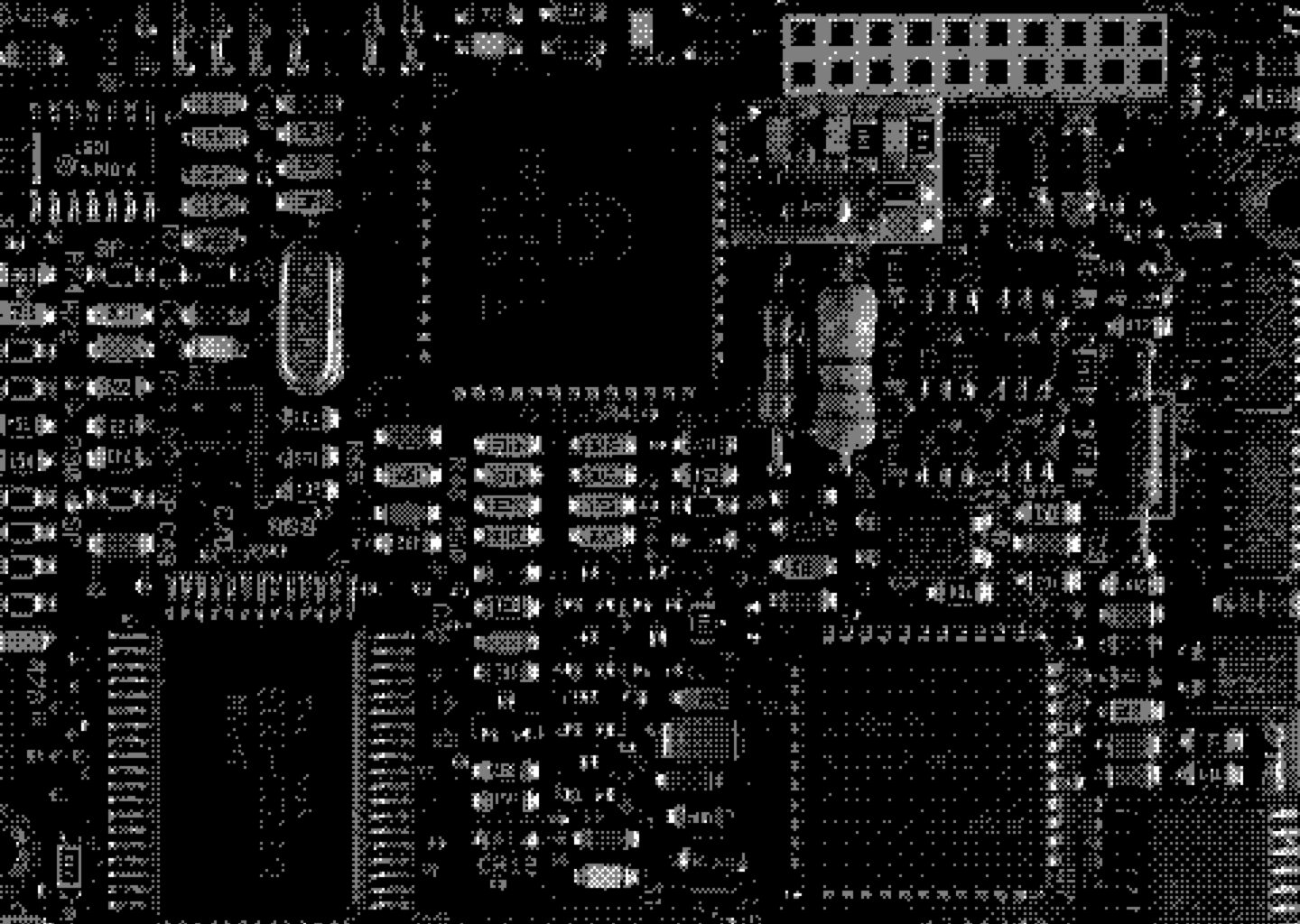 A dithered grayscale image of a circuit board.